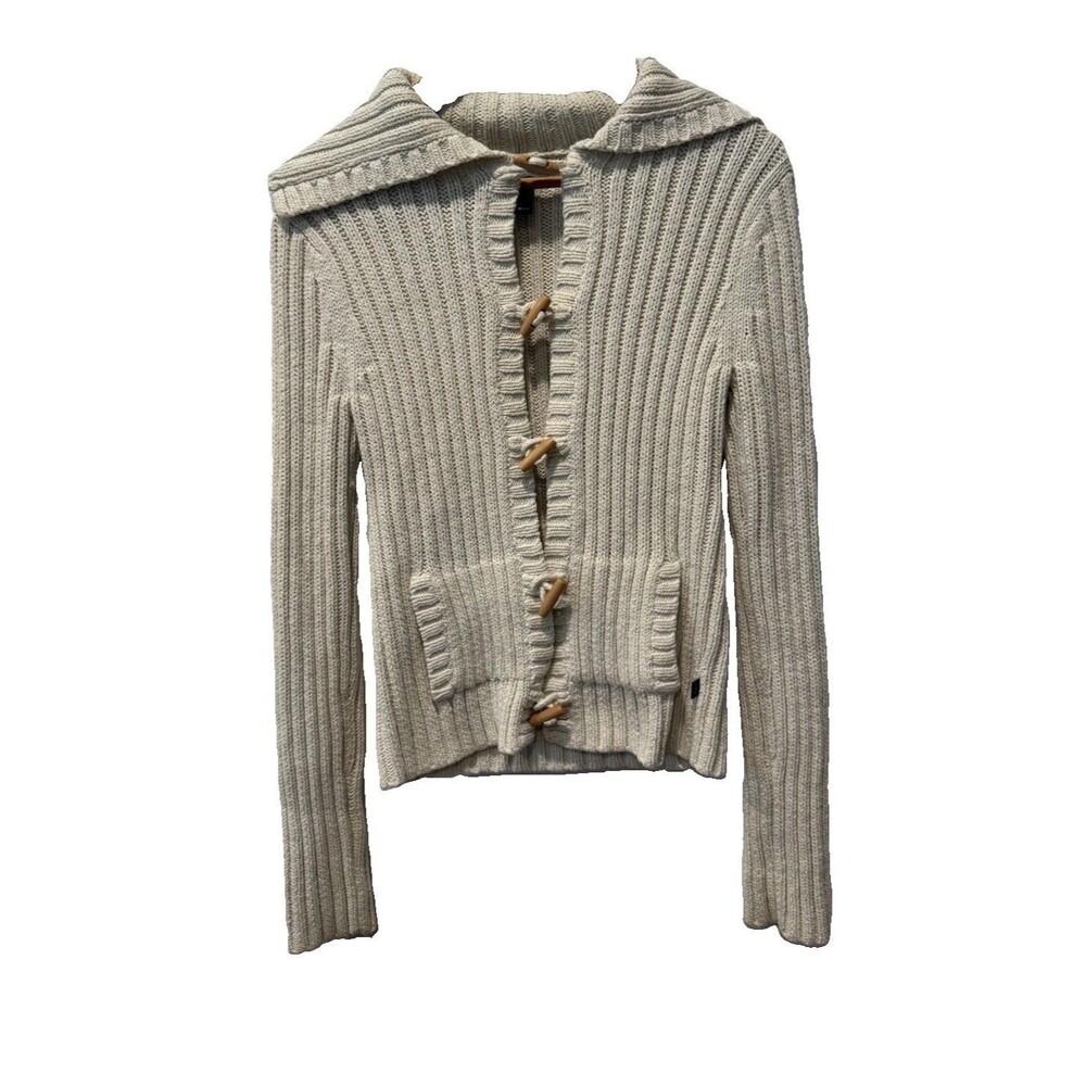 Abercrombie & Fitch Cardigan L Chunky Knit Toggle Shawl Collar Y2K Beige - Picture 4 of 8